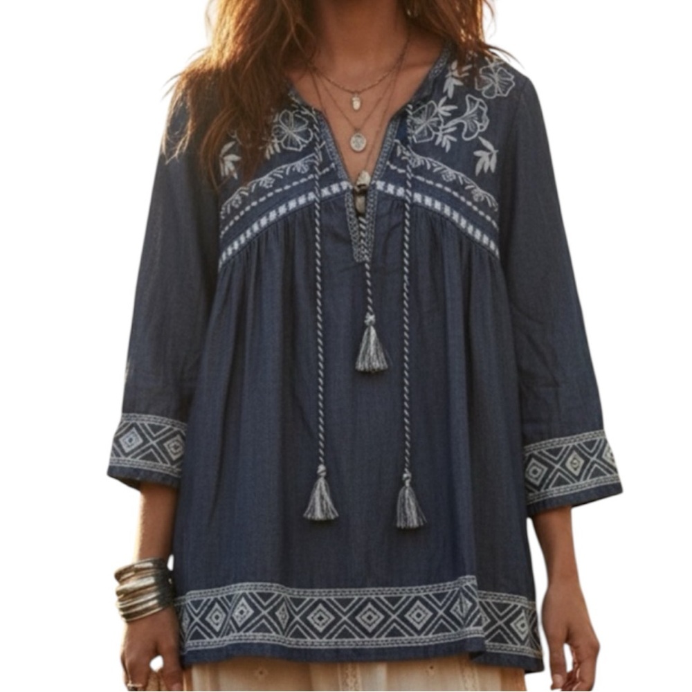 Nanette Lepore Sz S Oversized Boho Western Peasant Embroidered Tencel Top